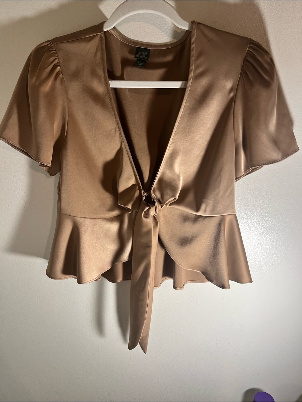 wild fable Satin Tie-Front Peplum Top in Champagne Taupe